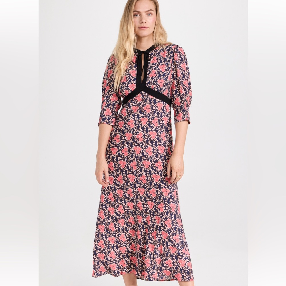 RIXO Pink Floral Midi Dress with Black Trim